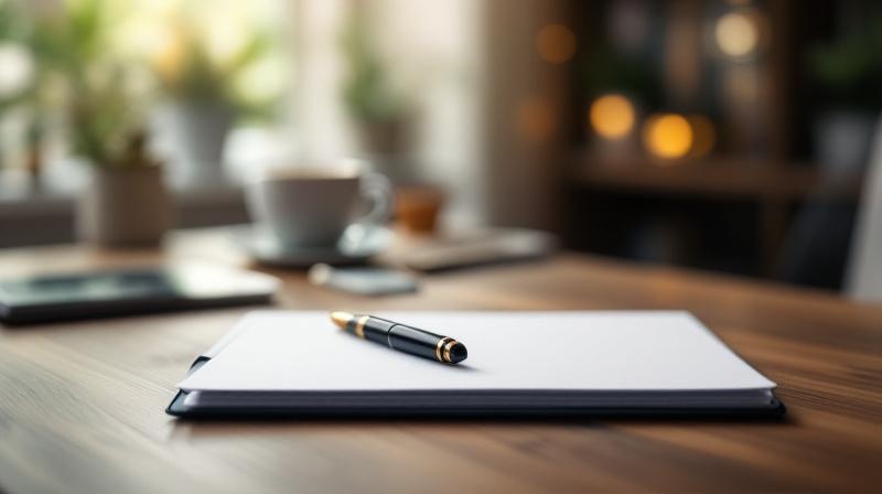 Schreibtisch mit Aktenordner und Stift, ruhige Arbeitsatmosphäre