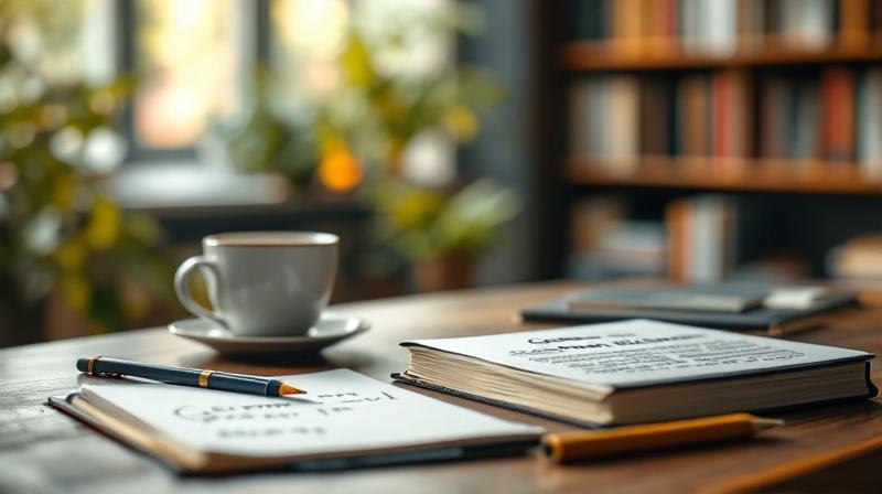Schreibtisch mit Wörterbuch und Notizbuch, ruhige Lernatmosphäre