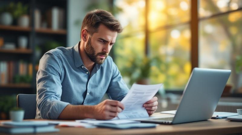 Person sortiert Rechnungen am Schreibtisch, Laptop mit Kursplattform offen