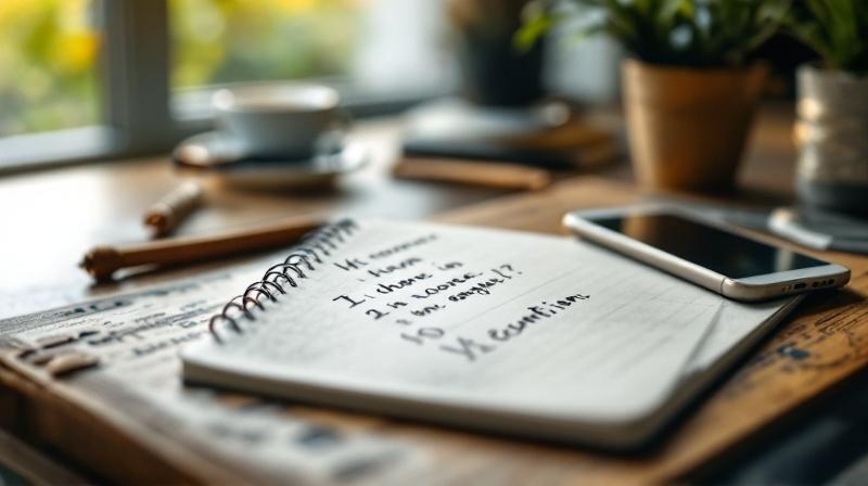 Notizblock mit Fragen-Checkliste neben Telefonhörer auf einem Schreibtisch