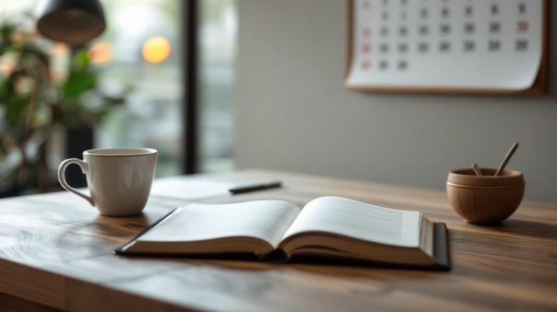 Schreibtisch mit Kalender, Notizbuch und Tasse, ruhige Atmosphäre
