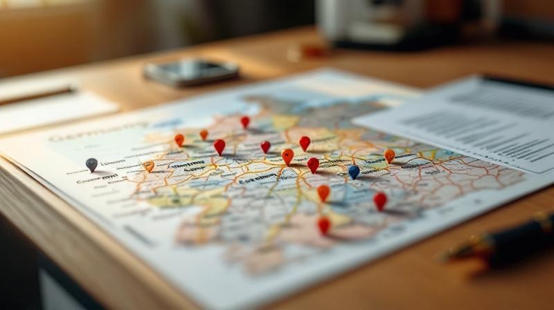 Deutschlandkarte mit markierten Städten und einer Liste regionaler Stellen auf einem Tisch