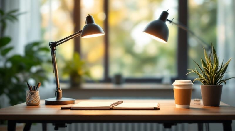 Ergonomischer Arbeitsplatz mit Notizen und Kaffee, ruhige Atmosphäre