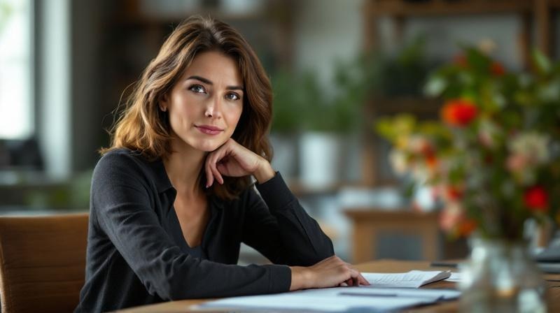 Frau sitzt ruhig und aufrecht an einem Schreibtisch, Unterlagen vor sich