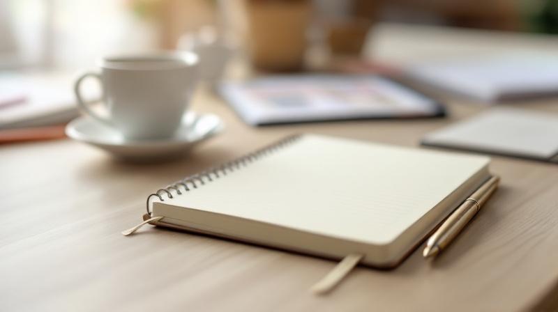 Schreibtisch mit Notizbuch, Stift und Tasse, neutrale Atmosphäre