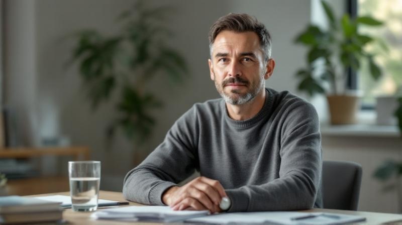 Mann sitzt mit Unterlagen an einem Beratungstisch, konzentrierte Atmosphäre