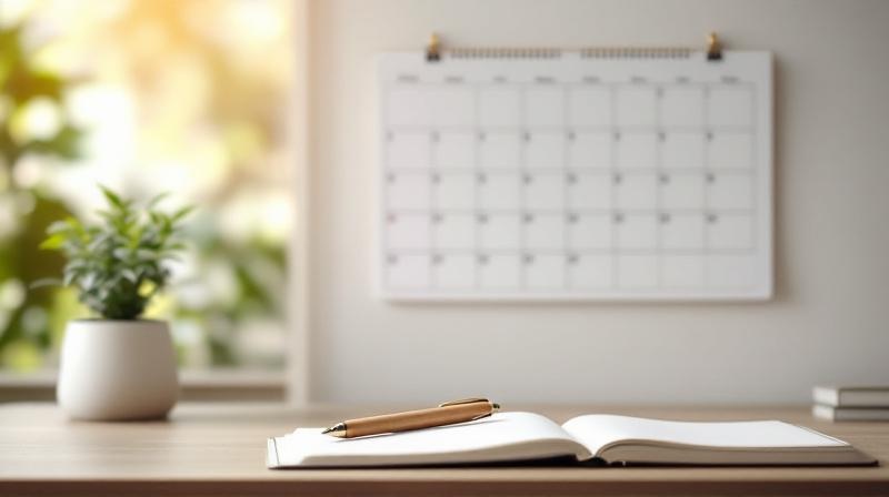 Schreibtisch mit Wandkalender, Notizbuch und Stift in ruhiger Atmosphäre