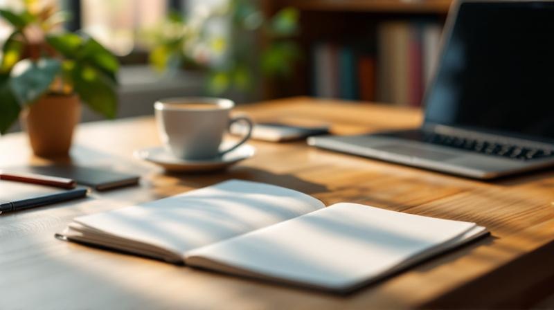 Schreibtisch mit Notizbuch, Kaffeetasse und aufgeschlagenem Ordner, ruhige Arbeitsatmosphäre