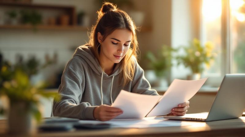 Frau vergleicht zwei Unterlagen am Küchentisch, ruhig und konzentriert