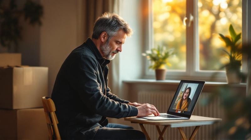 Person verpackt Umzugskartons im Wohnzimmer, Laptop mit Online-Kurs steht offen daneben