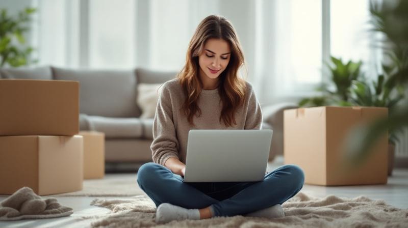 Junge Frau am Laptop in einer halb eingeräumten Wohnung, aufmerksam und konzentriert