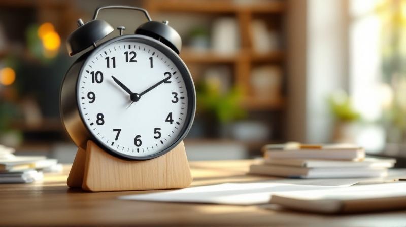 Uhr und Wandkalender in ruhiger Büro-Szene, Hinweis auf Zeitdruck beim Papierkram