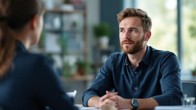 Mann Anfang 40 im Gespräch mit einer Beraterin, Unterlagen und Laptop auf dem Tisch
