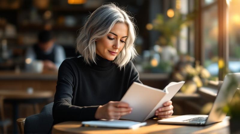 Frau liest ruhig eine behördliche Informationsbroschüre am Tisch