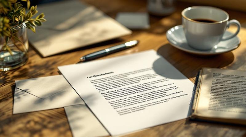 Amtlicher Brief auf einem Tisch mit Tasse und Stift, ruhige Atmosphäre