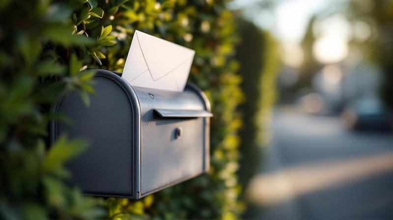 Briefkasten mit einem weißen Brief, ruhige Vormittagsstimmung