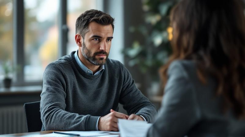 Mann in einem Beratungsgespräch, gestenlos, nachdenklich, Unterlagen vor sich