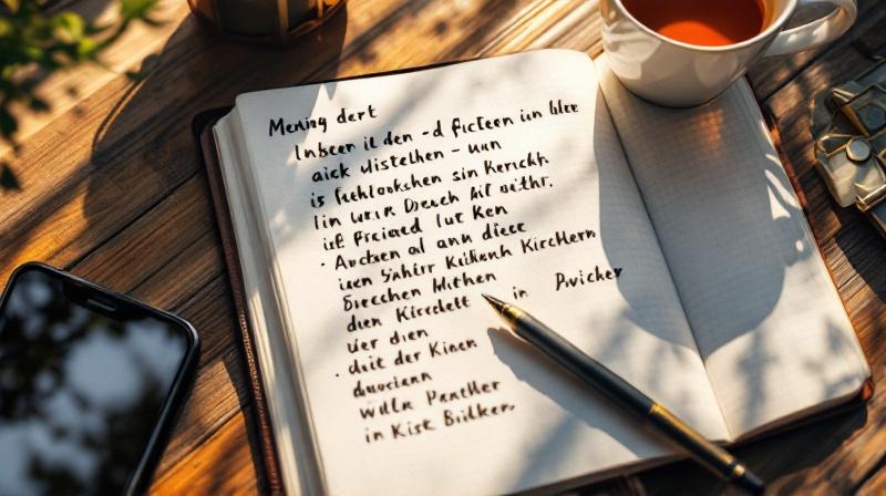 Notizblock mit handschriftlichen Fragen und Stift, neben einer Tasse Tee