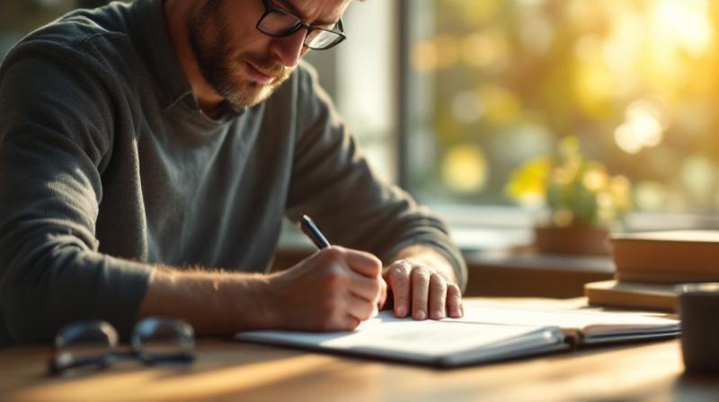 Person verfasst am Schreibtisch einen Widerspruch, Bescheid und Notizen liegen daneben