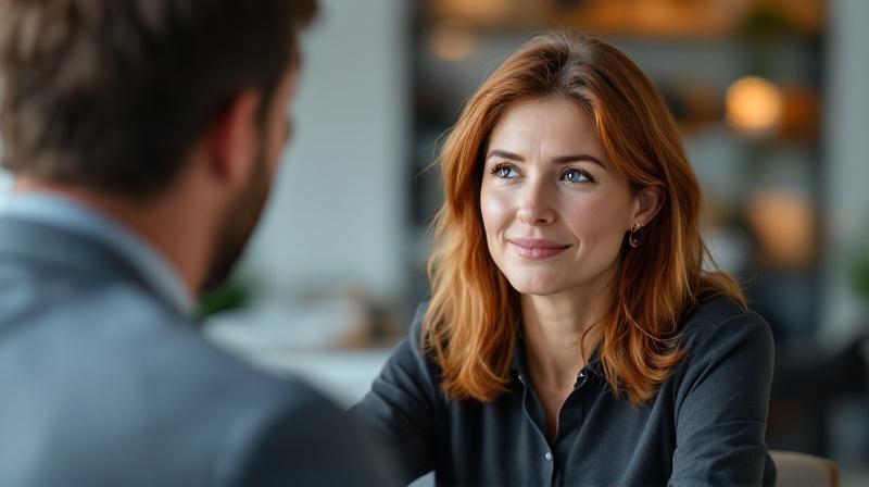 Frau hört aufmerksam zu während eines Beratungsgesprächs, ruhige Körpersprache