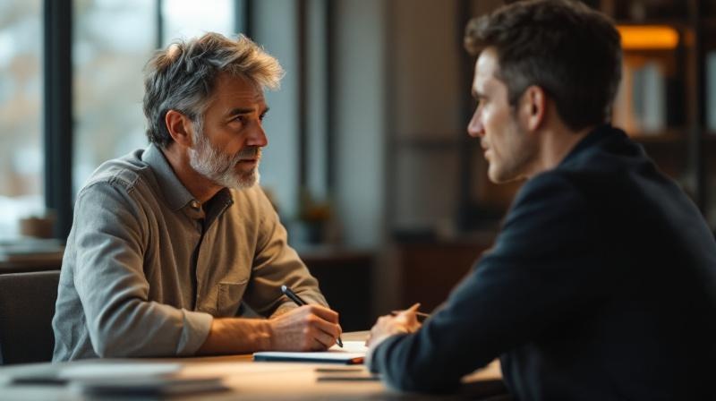 Zwei Personen im sachlichen Gespräch am Schreibtisch, freundliche Atmosphäre